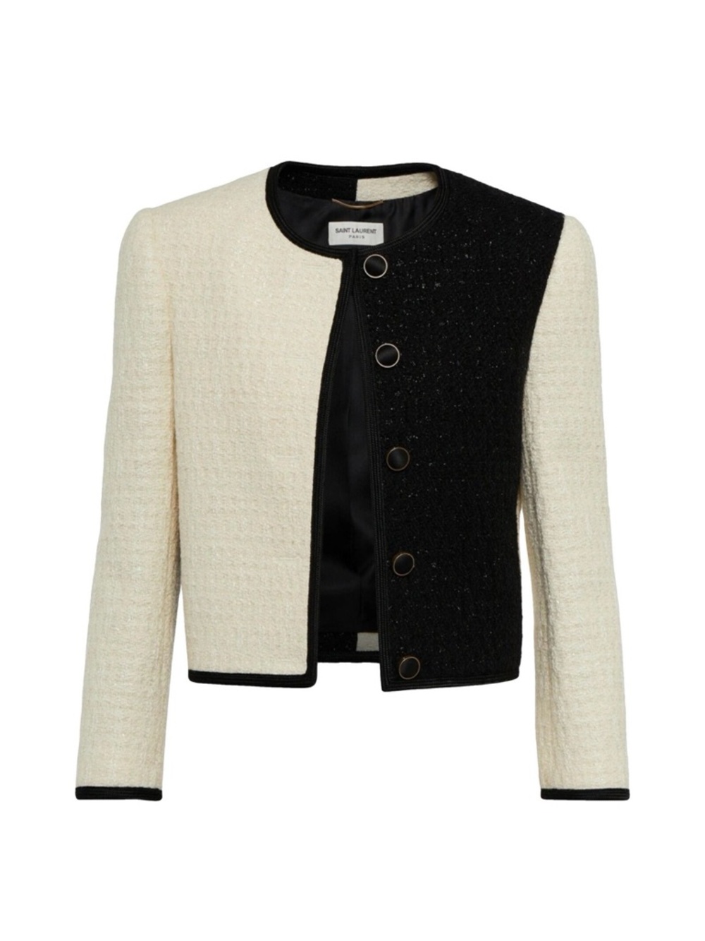Saint Laurent Two-Tone Tweed Cropped Jacket in Cream & Black 38fr